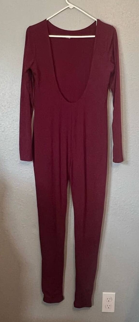 Fashion Nova Womens 1X Long Sleeve Pant Bodysuit Maroon Stretch Party